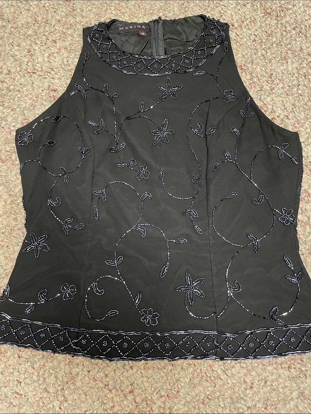 MARINA Black silver Beaded Floral High-Neck blouse
